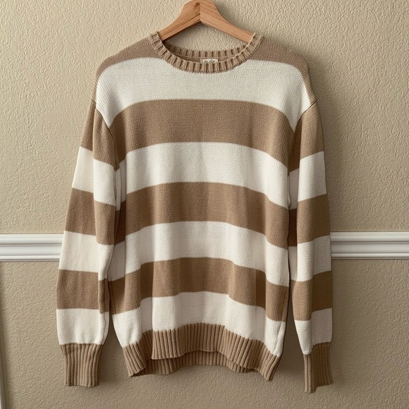 John Galt 100% Cotton Striped Tan White Crewneck Knit Fisherman Sweater OS - Picture 4 of 9